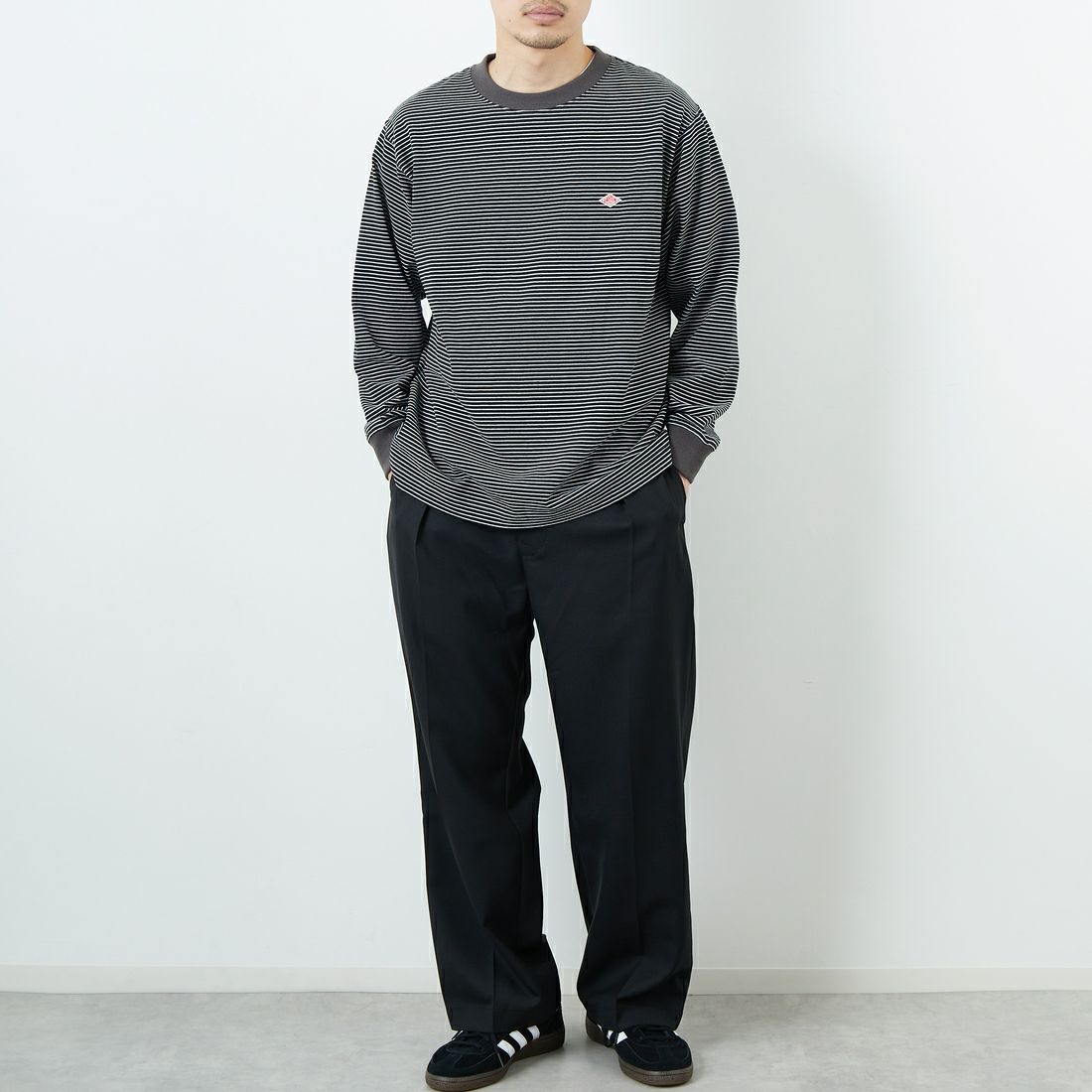 DANTON [ダントン] ストライプ ロングスリーブTシャツ [DT-C0200TCB] BLACK/WHT &&モデル身長：168cm 着用サイズ：S&&