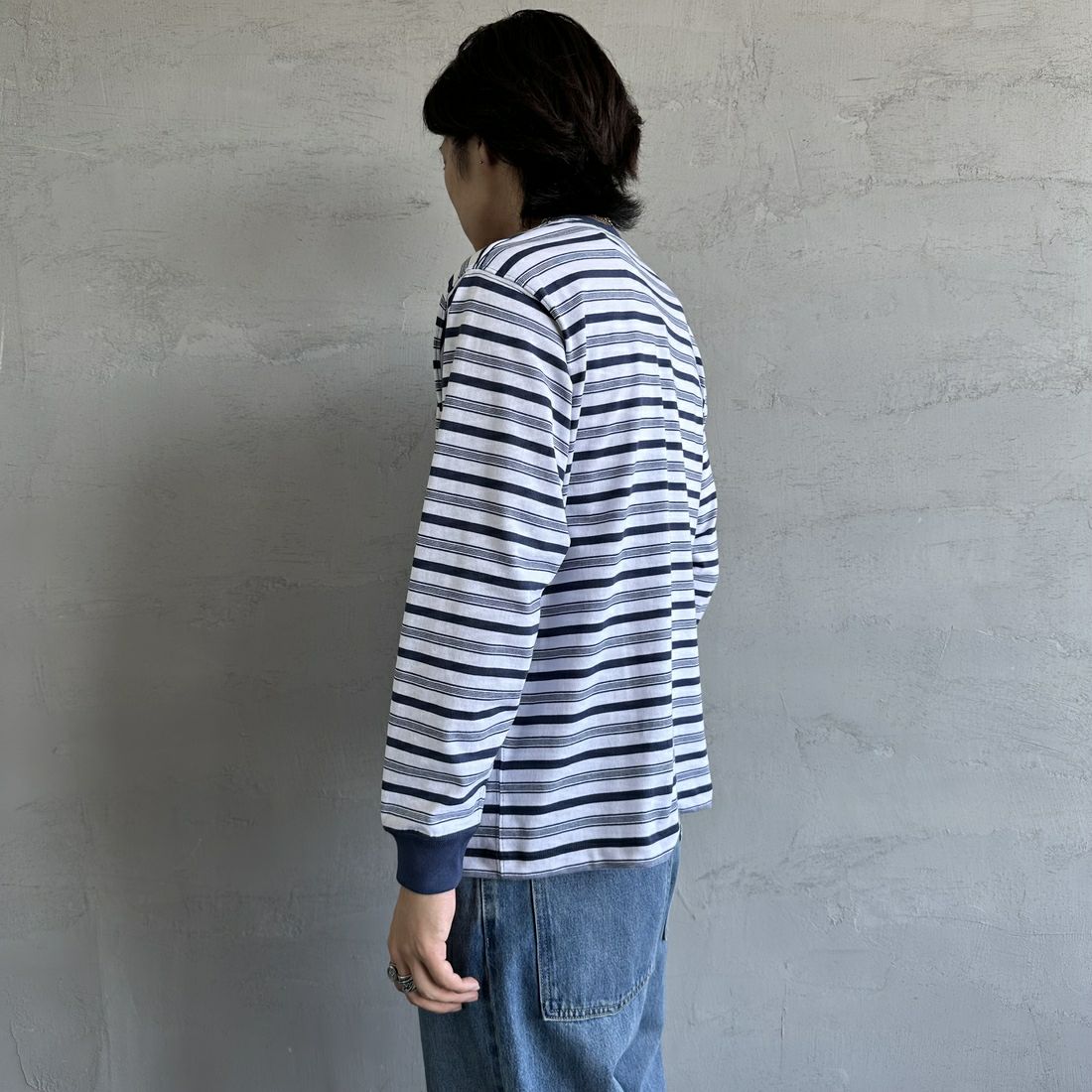 DANTON [ダントン] ストライプ ロングスリーブTシャツ [DT-C0200TCB] L.NVY/WHT &&モデル身長：179cm 着用サイズ：S&&