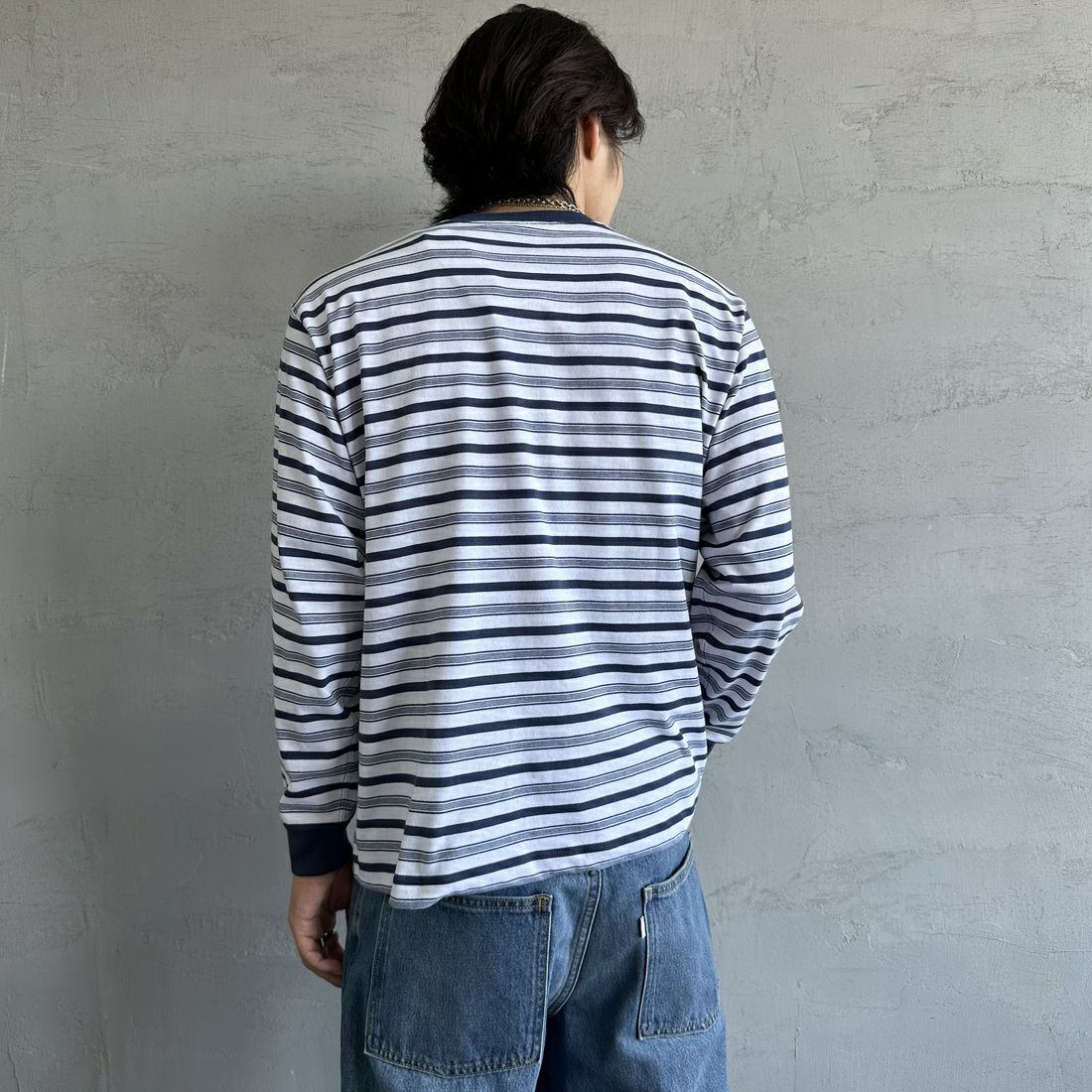 DANTON [ダントン] ストライプ ロングスリーブTシャツ [DT-C0200TCB] L.NVY/WHT &&モデル身長：179cm 着用サイズ：S&&