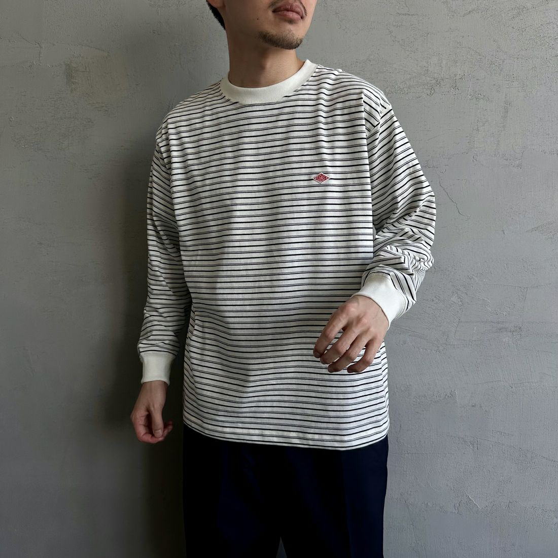 DANTON [ダントン] ストライプ ロングスリーブTシャツ [DT-C0200TCB] ECRU/BLACK &&モデル身長：168cm 着用サイズ：M&&