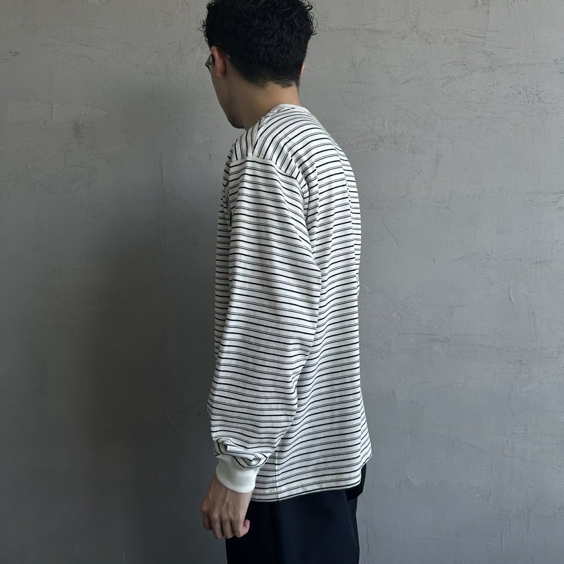 DANTON [ダントン] ストライプ ロングスリーブTシャツ [DT-C0200TCB] ECRU/BLACK &&モデル身長：168cm 着用サイズ：M&&