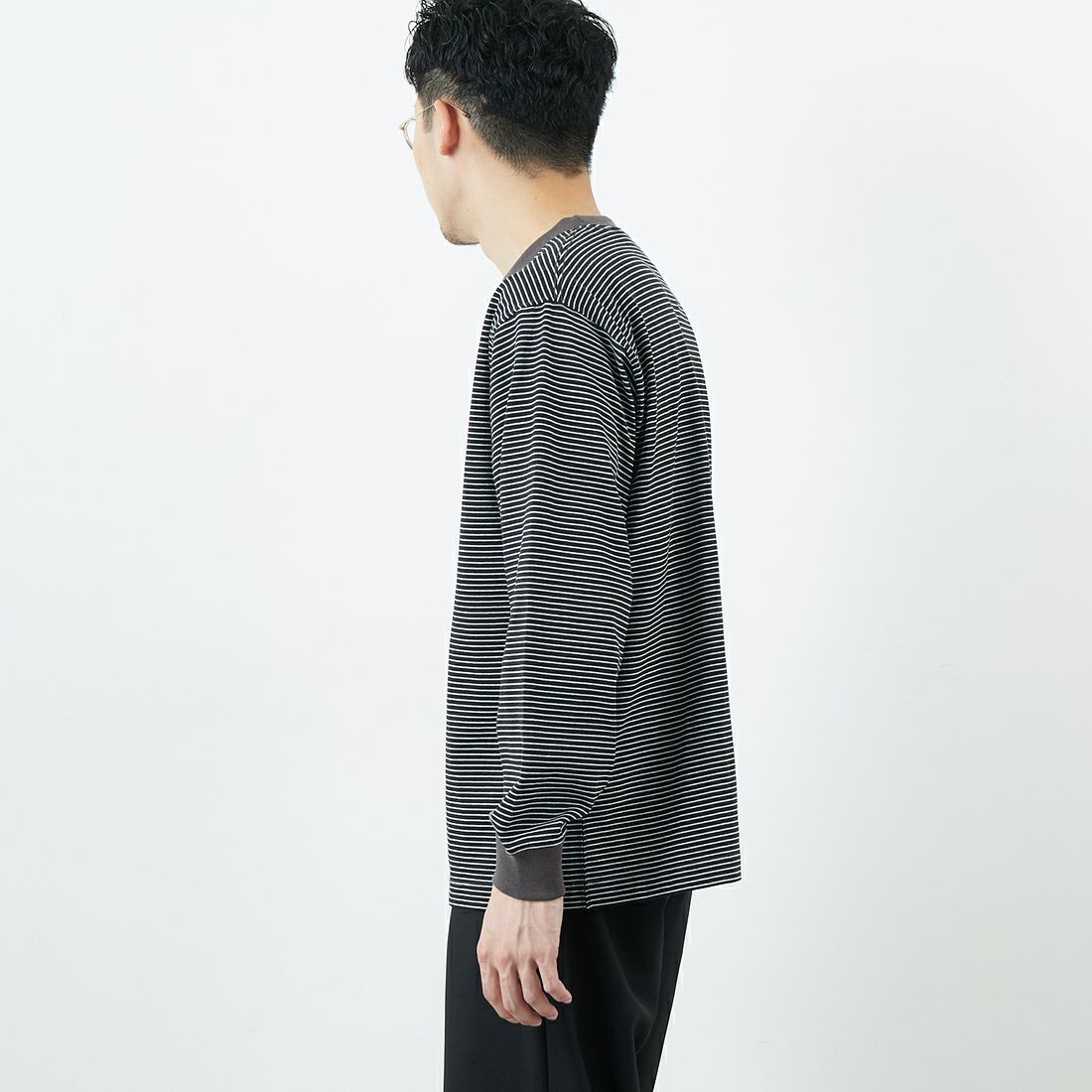 DANTON [ダントン] ストライプ ロングスリーブTシャツ [DT-C0200TCB] BLACK/WHT &&モデル身長：168cm 着用サイズ：S&&