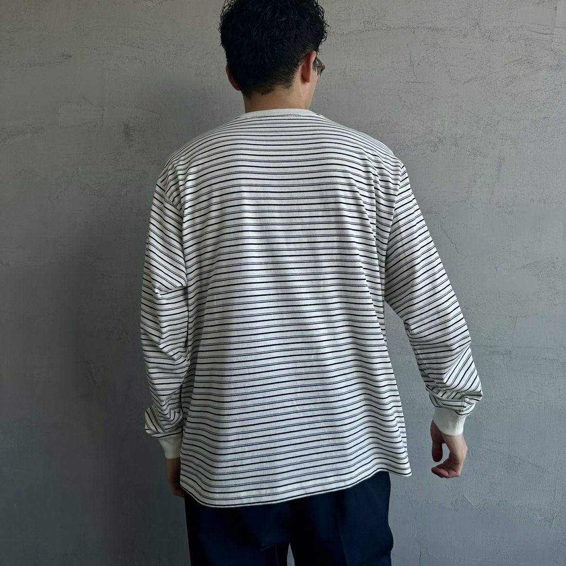 DANTON [ダントン] ストライプ ロングスリーブTシャツ [DT-C0200TCB] ECRU/BLACK &&モデル身長：168cm 着用サイズ：M&&