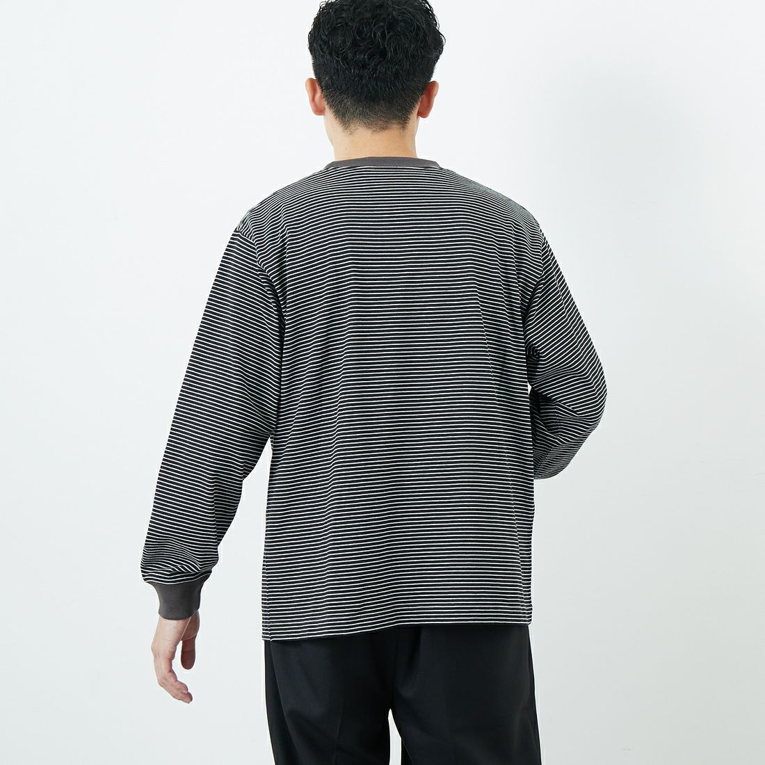 DANTON [ダントン] ストライプ ロングスリーブTシャツ [DT-C0200TCB] BLACK/WHT &&モデル身長：168cm 着用サイズ：S&&