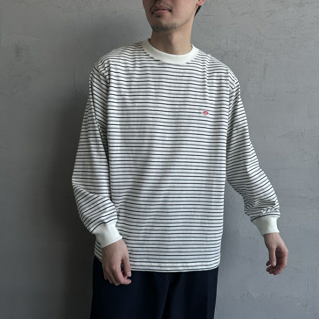 DANTON [ダントン] ストライプ ロングスリーブTシャツ [DT-C0200TCB] ECRU/BLACK &&モデル身長：168cm 着用サイズ：M&&