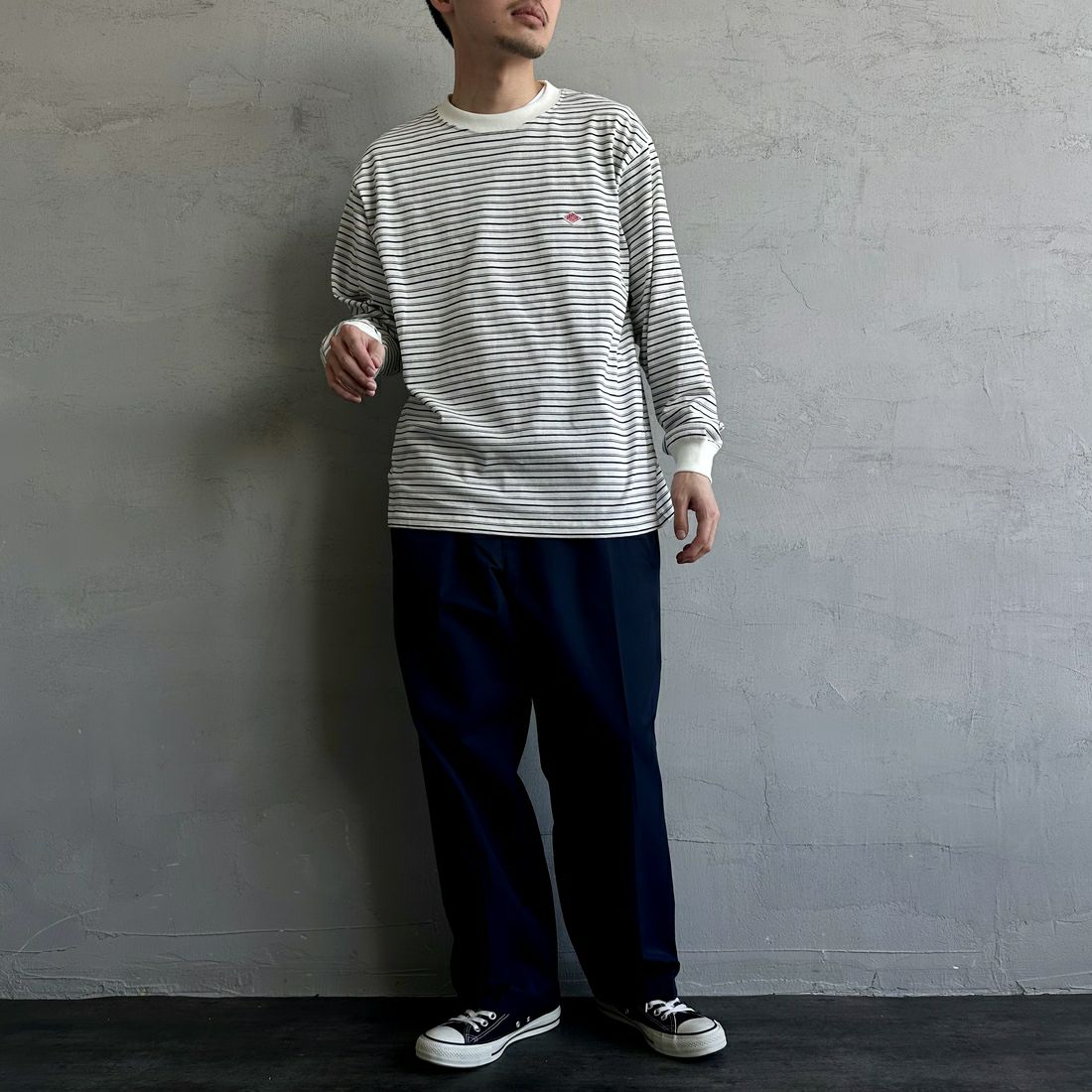 DANTON [ダントン] ストライプ ロングスリーブTシャツ [DT-C0200TCB] ECRU/BLACK &&モデル身長：168cm 着用サイズ：M&&