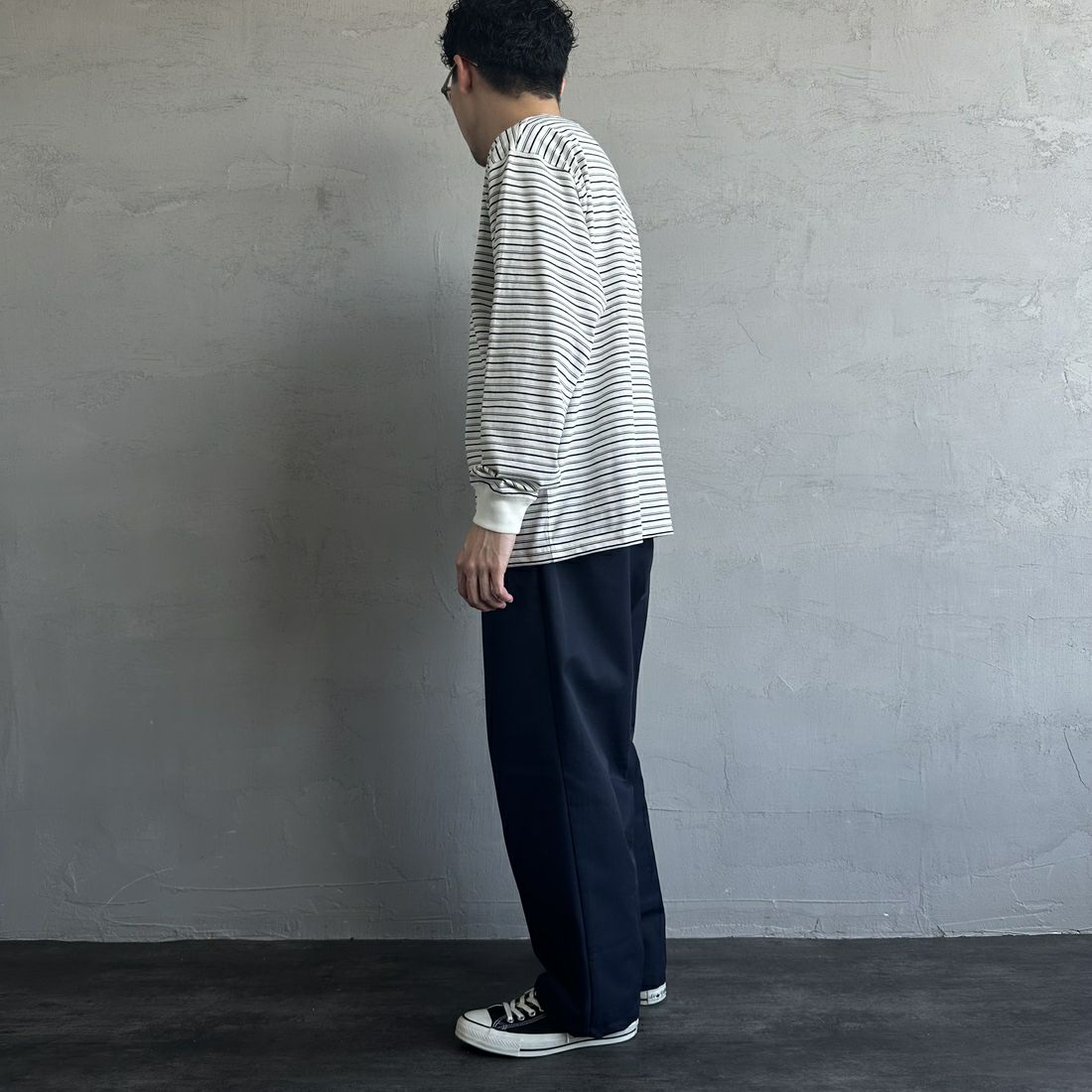 DANTON [ダントン] ストライプ ロングスリーブTシャツ [DT-C0200TCB] ECRU/BLACK &&モデル身長：168cm 着用サイズ：M&&