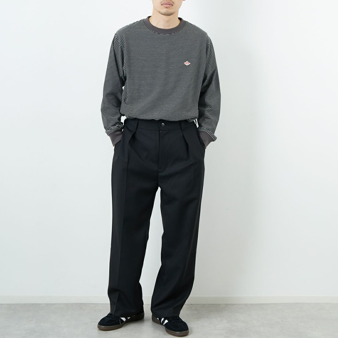 DANTON [ダントン] ストライプ ロングスリーブTシャツ [DT-C0200TCB] BLACK/WHT &&モデル身長：168cm 着用サイズ：S&&