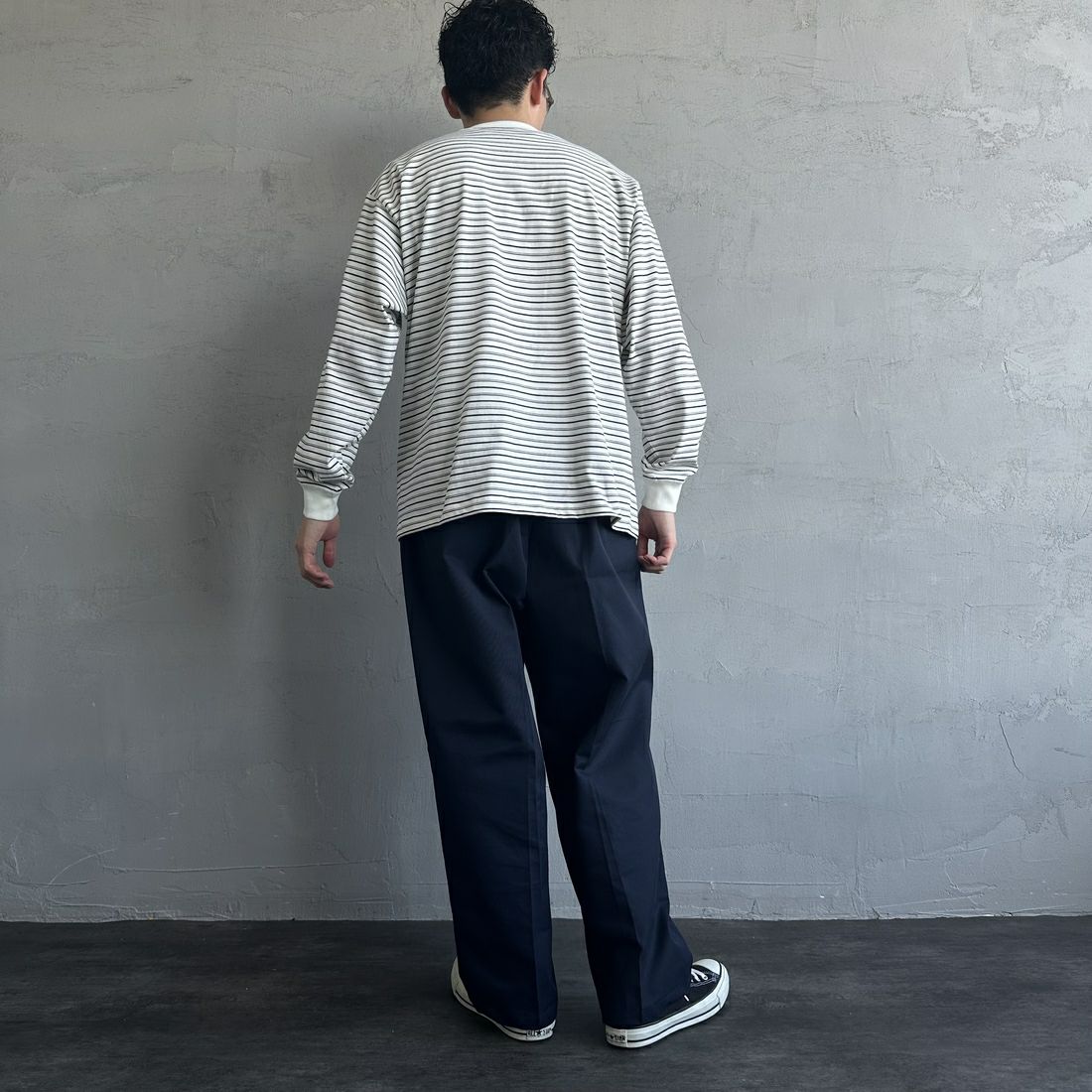 DANTON [ダントン] ストライプ ロングスリーブTシャツ [DT-C0200TCB] ECRU/BLACK &&モデル身長：168cm 着用サイズ：M&&