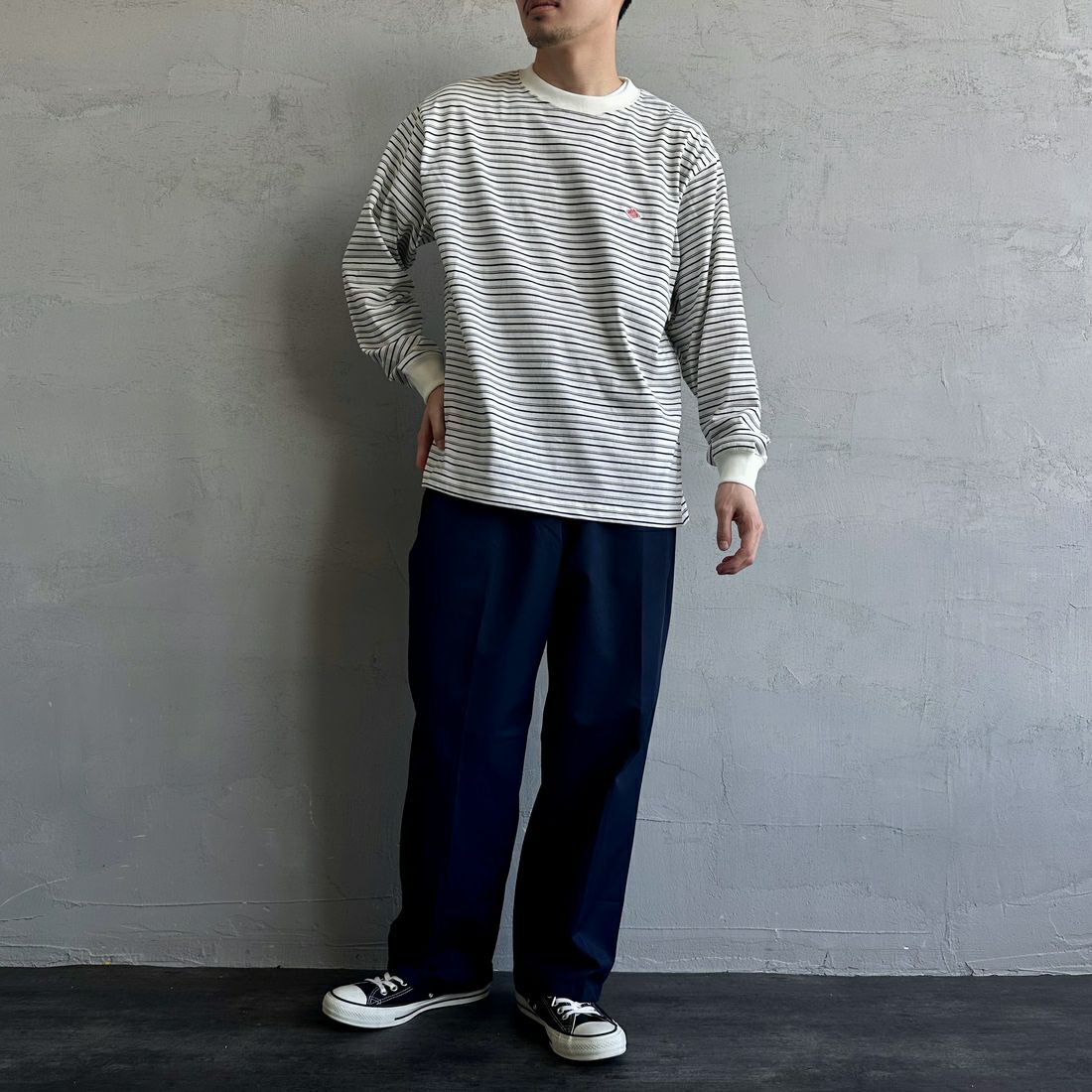 DANTON [ダントン] ストライプ ロングスリーブTシャツ [DT-C0200TCB] ECRU/BLACK &&モデル身長：168cm 着用サイズ：M&&