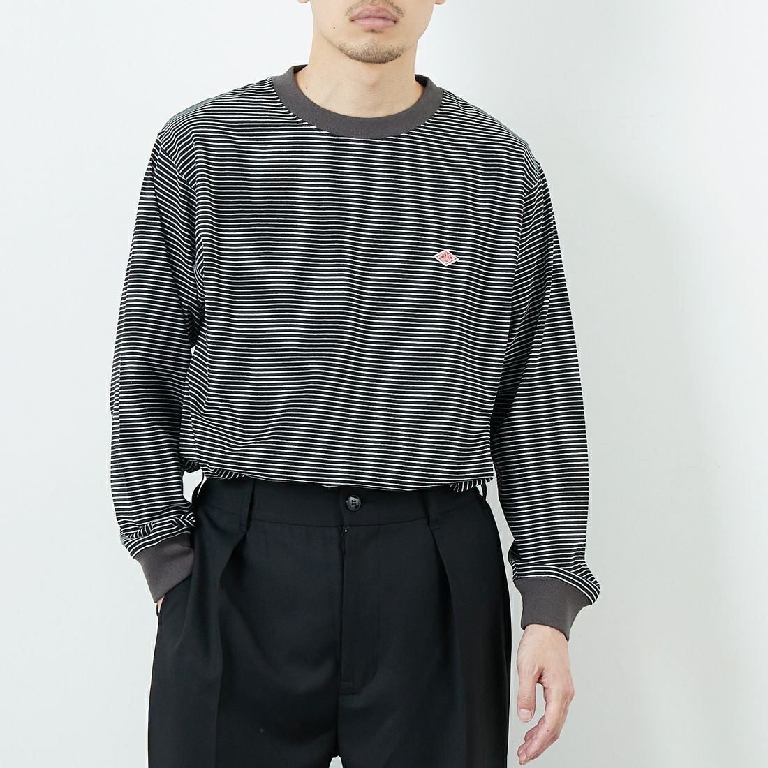 DANTON [ダントン] ストライプ ロングスリーブTシャツ [DT-C0200TCB] BLACK/WHT &&モデル身長：168cm 着用サイズ：S&&