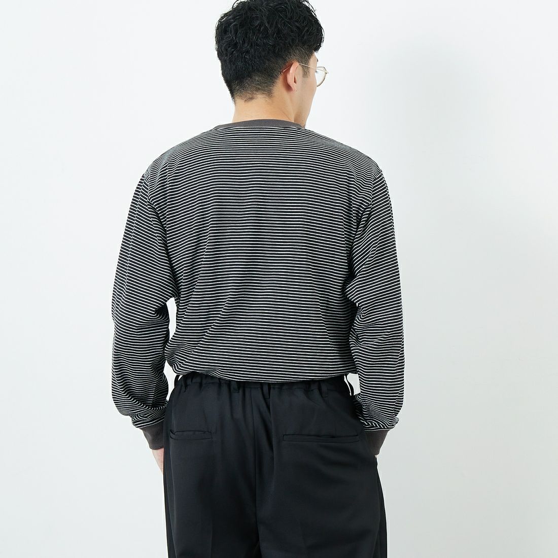 DANTON [ダントン] ストライプ ロングスリーブTシャツ [DT-C0200TCB] BLACK/WHT &&モデル身長：168cm 着用サイズ：S&&