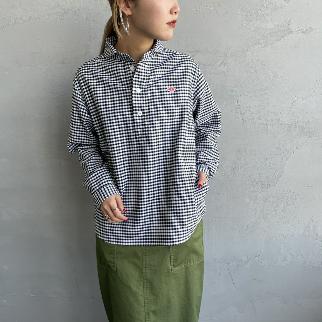 DANTON [ダントン] ラウンドカラー オックスフォードシャツ [DT-B0281OXP] BLK/WHT GN &&モデル身長：156cm 着用サイズ：36&&