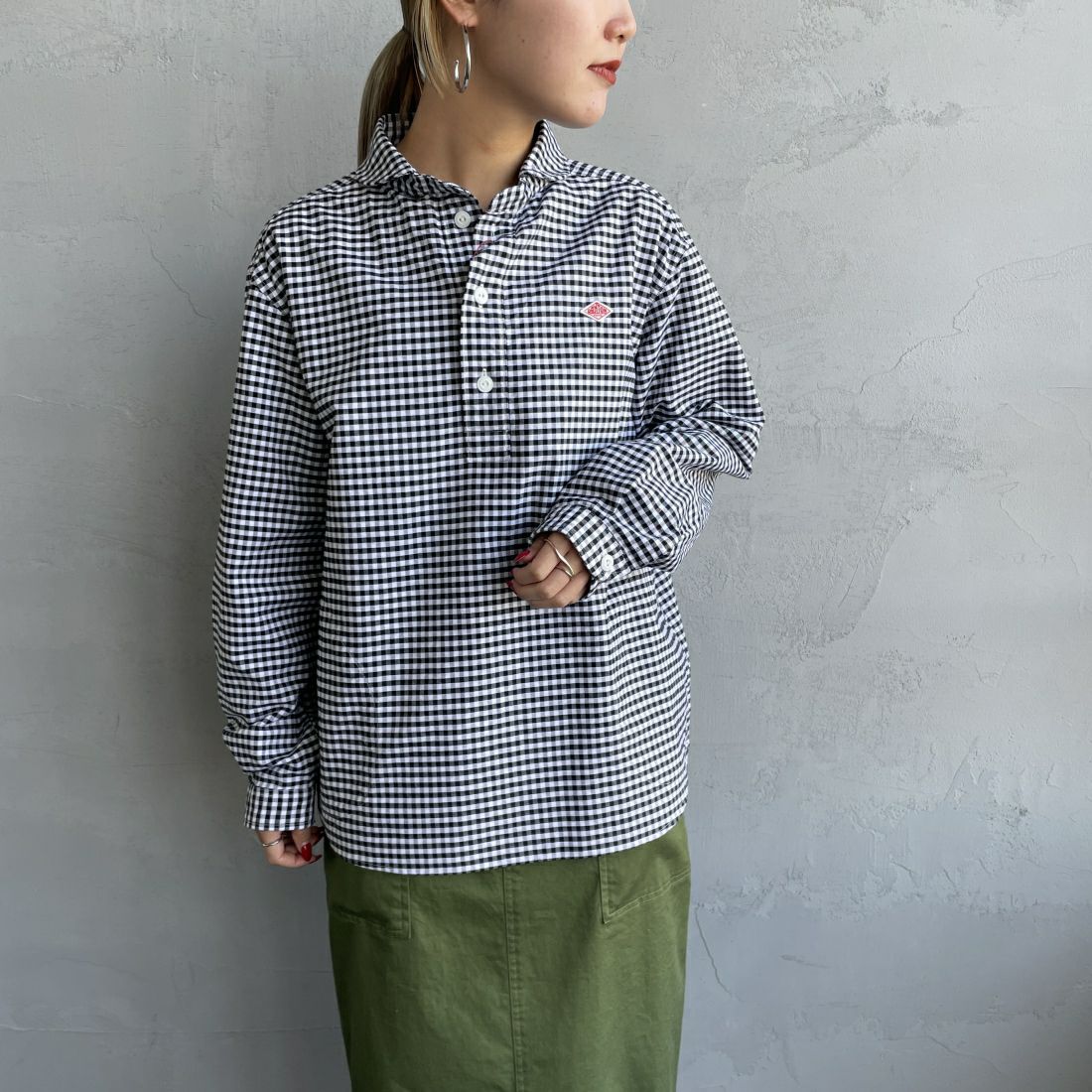 DANTON [ダントン] ラウンドカラー オックスフォードシャツ [DT-B0281OXP] BLK/WHT GN &&モデル身長：156cm 着用サイズ：36&&