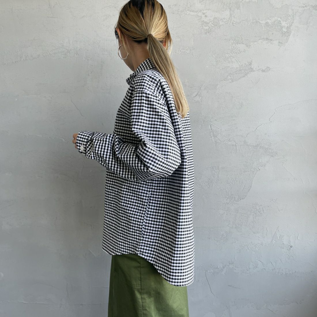 DANTON [ダントン] ラウンドカラー オックスフォードシャツ [DT-B0281OXP] BLK/WHT GN &&モデル身長：156cm 着用サイズ：36&&