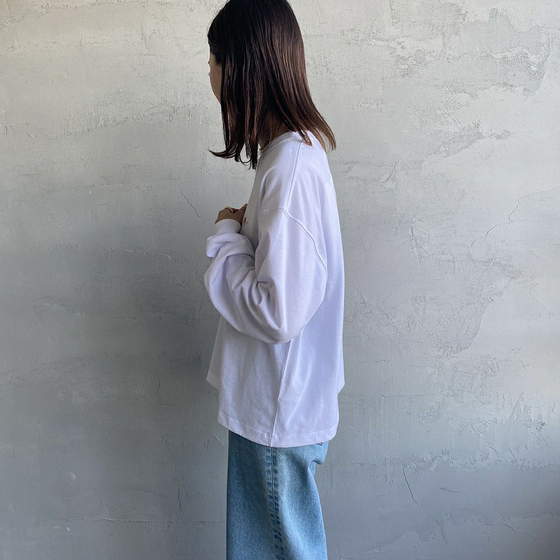DANTON [ダントン] ソリッド ロングスリーブTシャツ [DT-C0269TCB] WHITE&&モデル身長：163cm 着用サイズ：S&&
