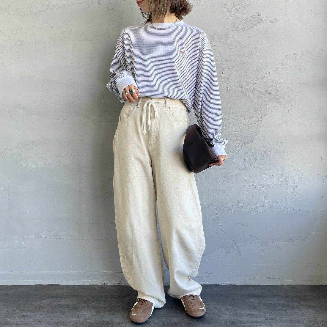 DANTON [ダントン] ロングスリーブTシャツ ボーダー [DT-C0269TCB] H.WH/CHARC &&モデル身長：158cm 着用サイズ：S&&