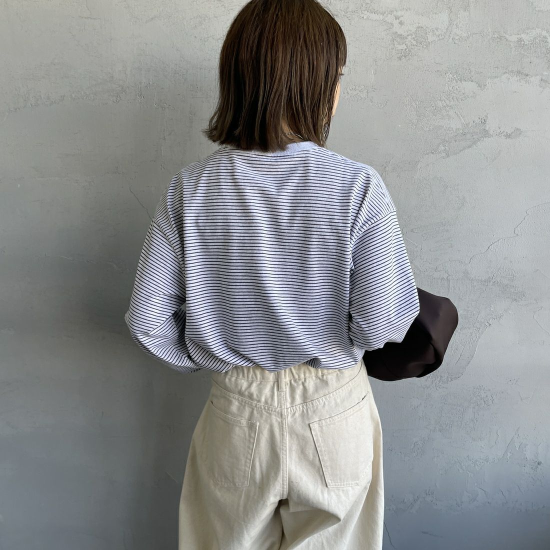 DANTON [ダントン] ロングスリーブTシャツ ボーダー [DT-C0269TCB] H.WH/CHARC &&モデル身長：158cm 着用サイズ：S&&