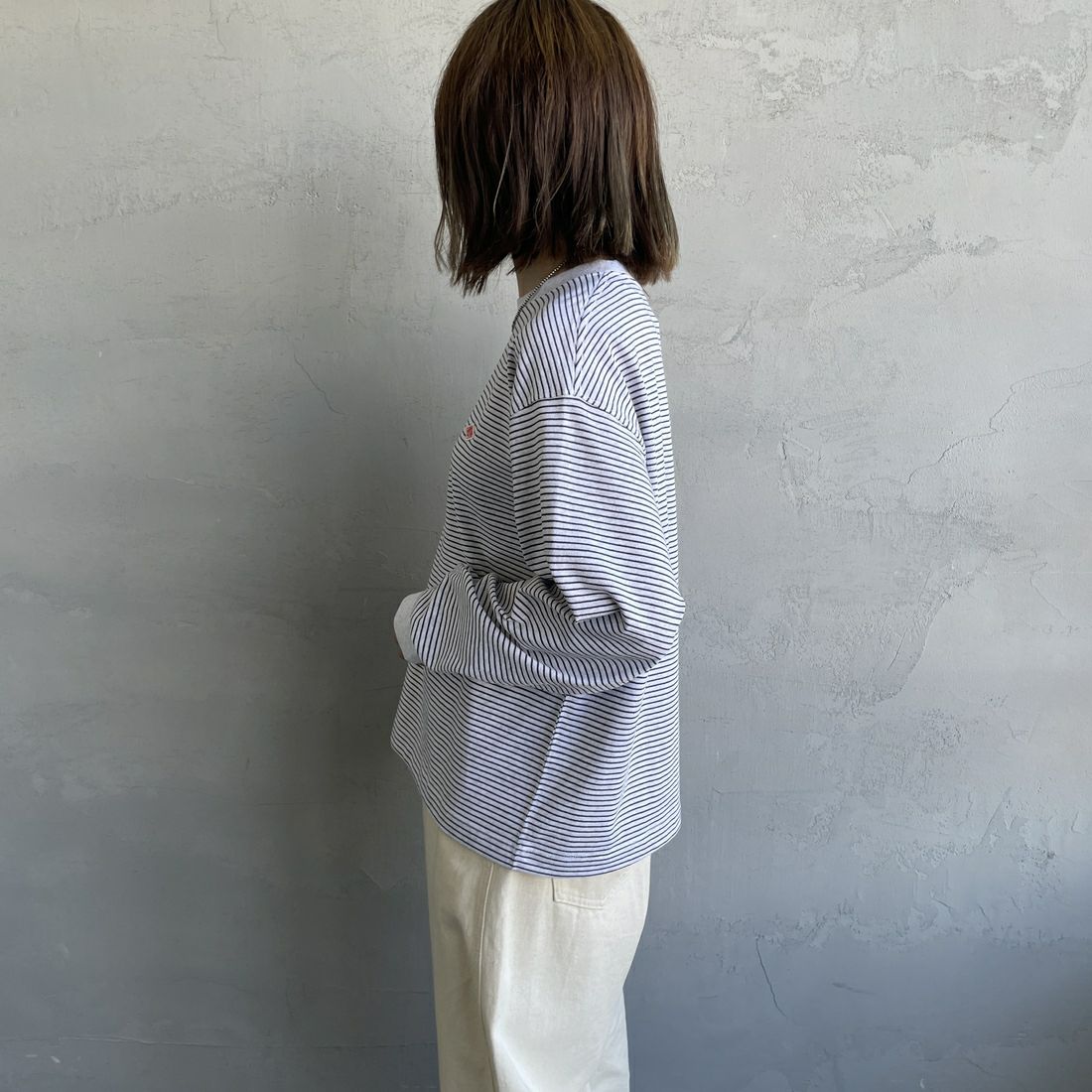 DANTON [ダントン] ロングスリーブTシャツ ボーダー [DT-C0269TCB] H.WH/CHARC &&モデル身長：158cm 着用サイズ：S&&