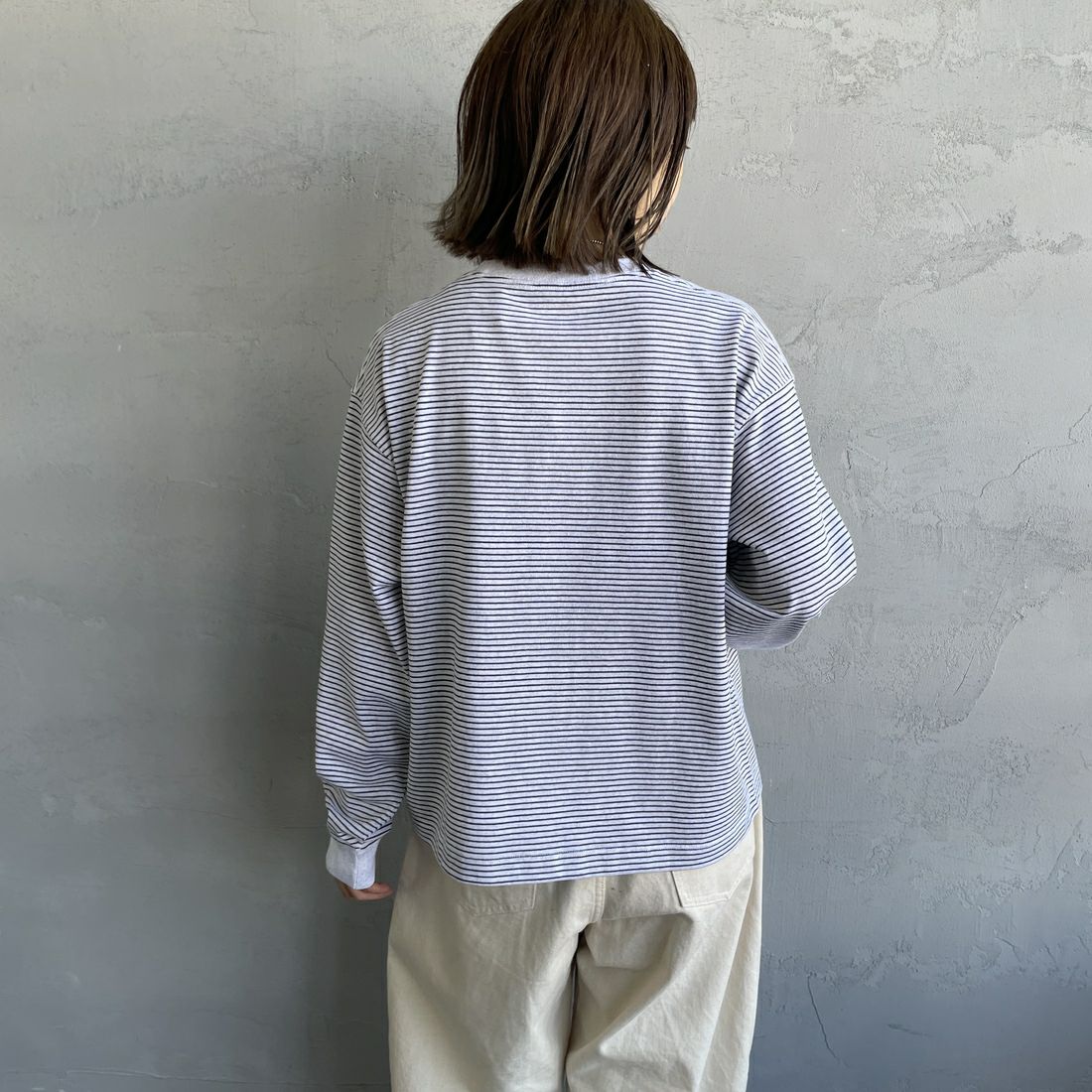 DANTON [ダントン] ロングスリーブTシャツ ボーダー [DT-C0269TCB] H.WH/CHARC &&モデル身長：158cm 着用サイズ：S&&