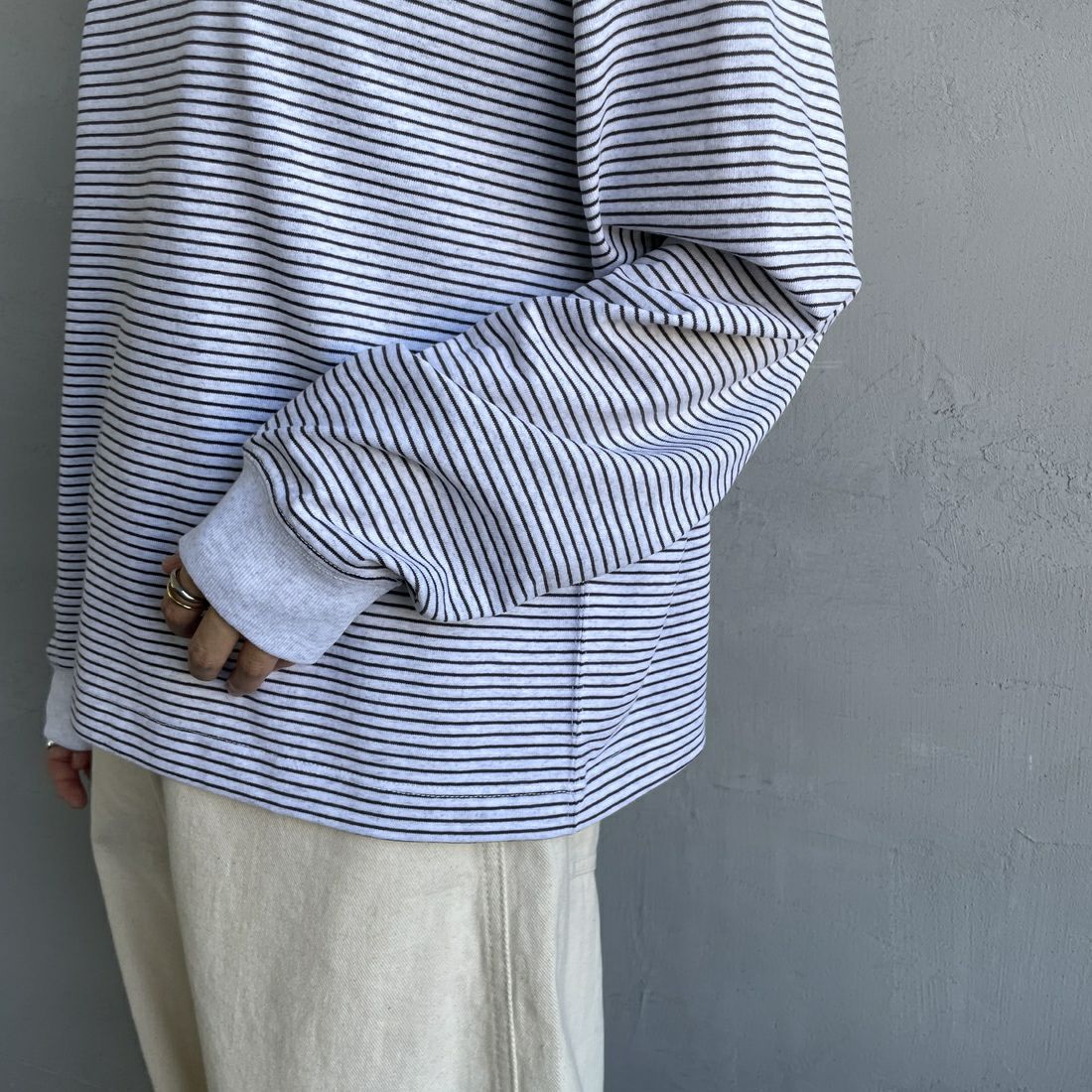 DANTON [ダントン] ロングスリーブTシャツ ボーダー [DT-C0269TCB] H.WH/CHARC &&モデル身長：158cm 着用サイズ：S&&