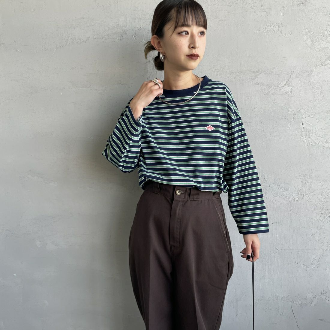 DANTON [ダントン] ストライプ クルーネックプルオーバー [DT-C0131TCB] NVY/GRN MT &&モデル身長：150cm 着用サイズ：S&&