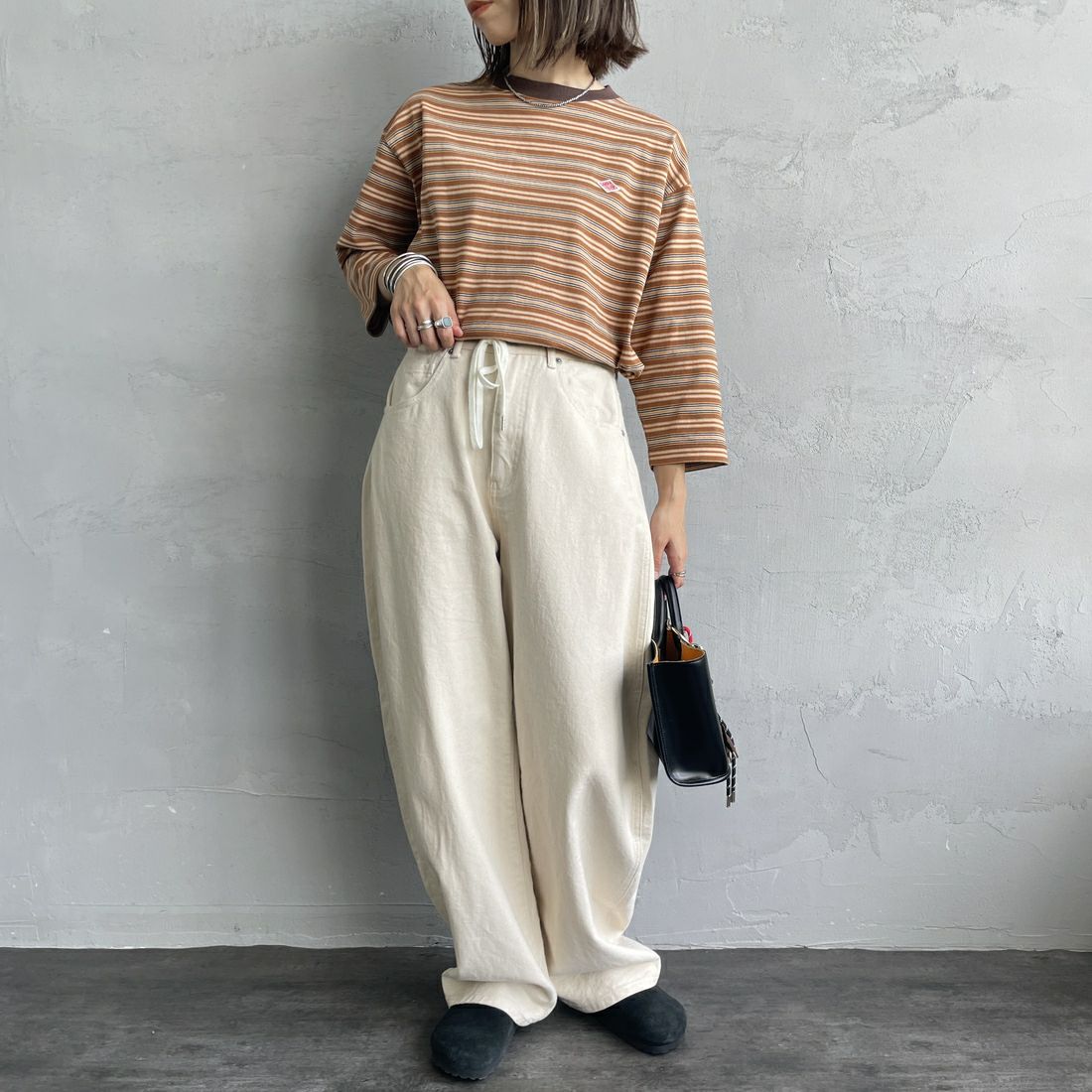 DANTON [ダントン] ストライプ クルーネックプルオーバー [DT-C0131TCB] BRN/ORG MT &&モデル身長：158cm 着用サイズ：S&&