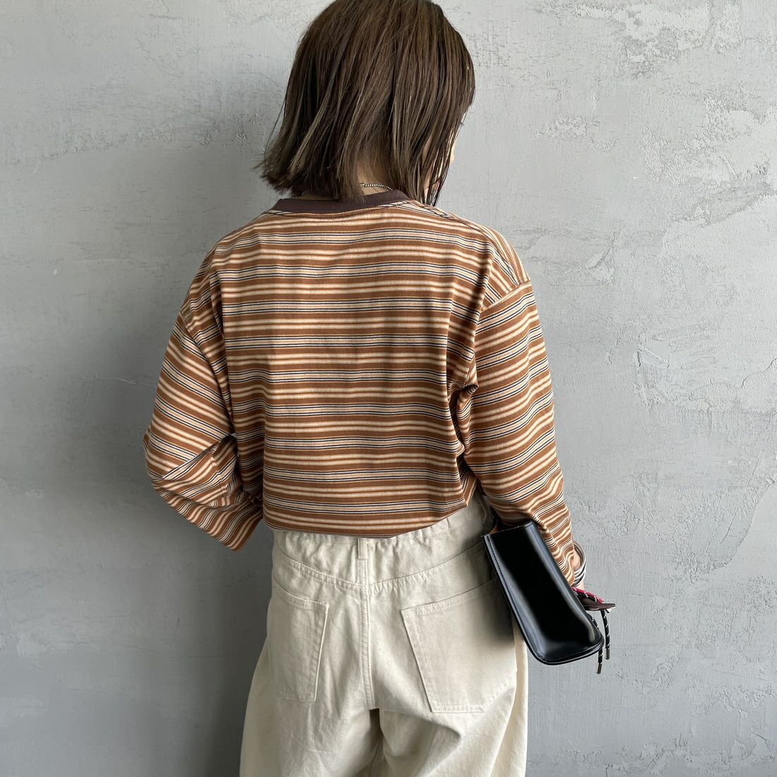 DANTON [ダントン] ストライプ クルーネックプルオーバー [DT-C0131TCB] BRN/ORG MT &&モデル身長：158cm 着用サイズ：S&&