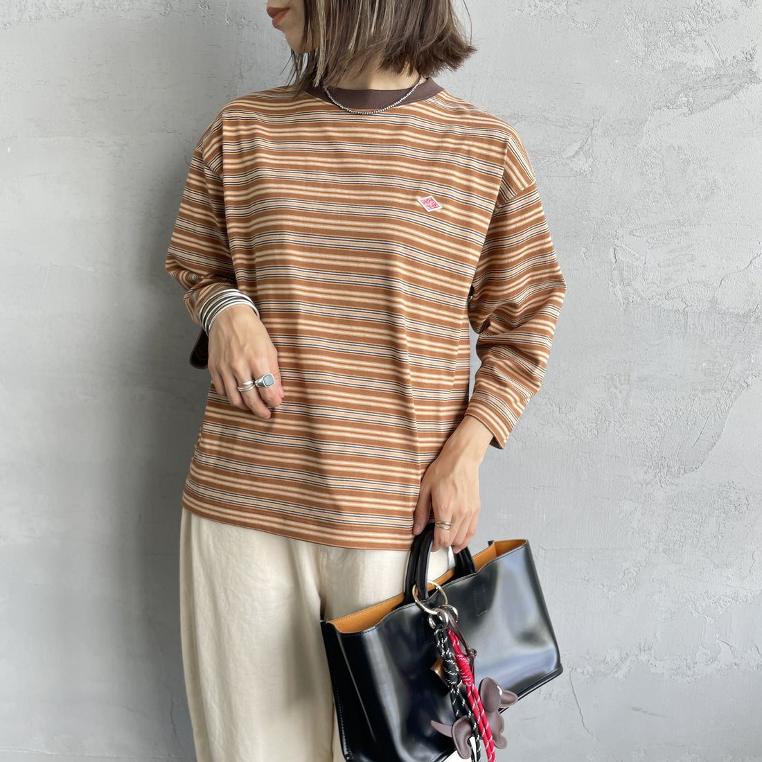 DANTON [ダントン] ストライプ クルーネックプルオーバー [DT-C0131TCB] BRN/ORG MT &&モデル身長：158cm 着用サイズ：S&&