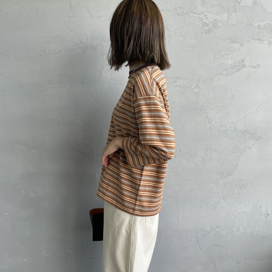 DANTON [ダントン] ストライプ クルーネックプルオーバー [DT-C0131TCB] BRN/ORG MT &&モデル身長：158cm 着用サイズ：S&&