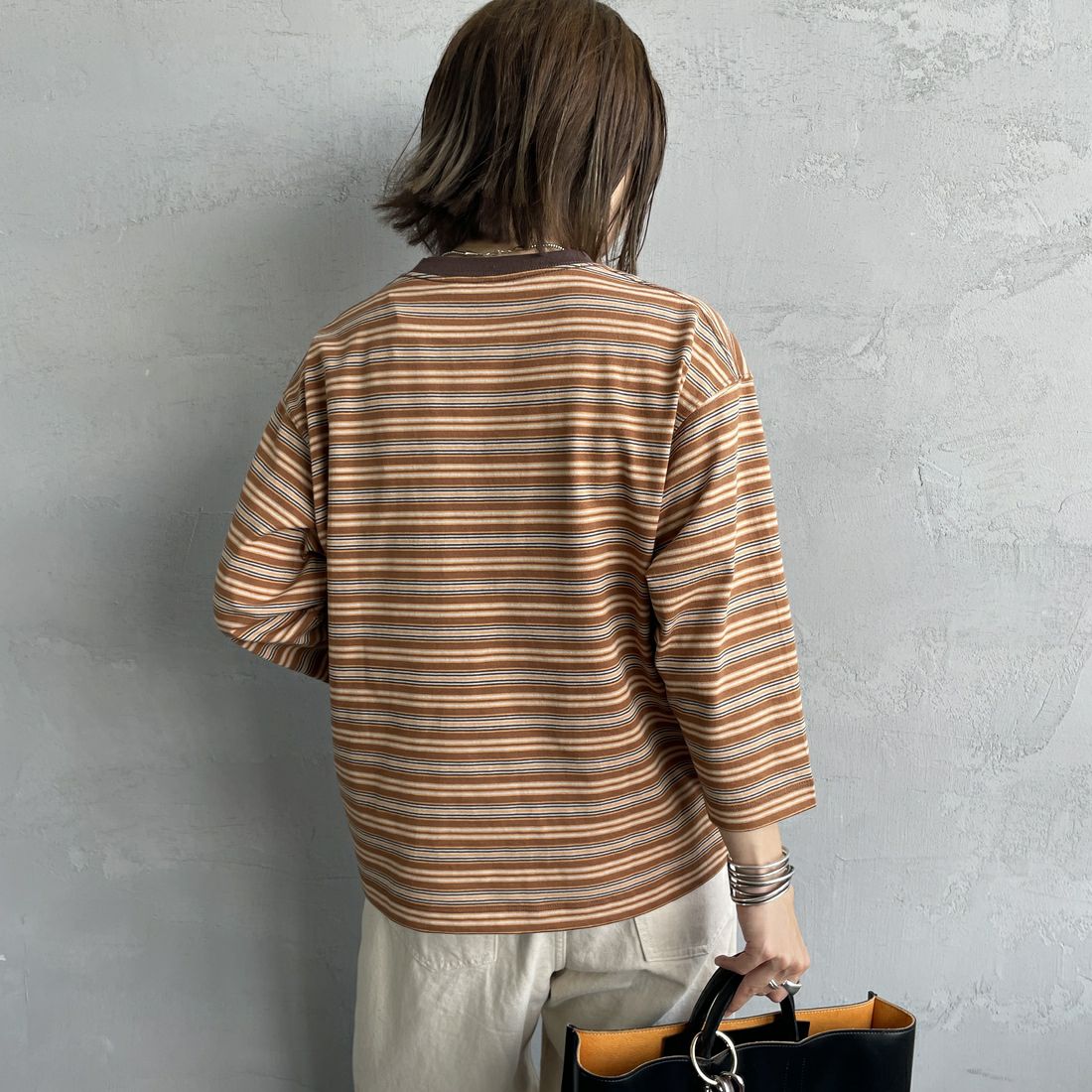 DANTON [ダントン] ストライプ クルーネックプルオーバー [DT-C0131TCB] BRN/ORG MT &&モデル身長：158cm 着用サイズ：S&&