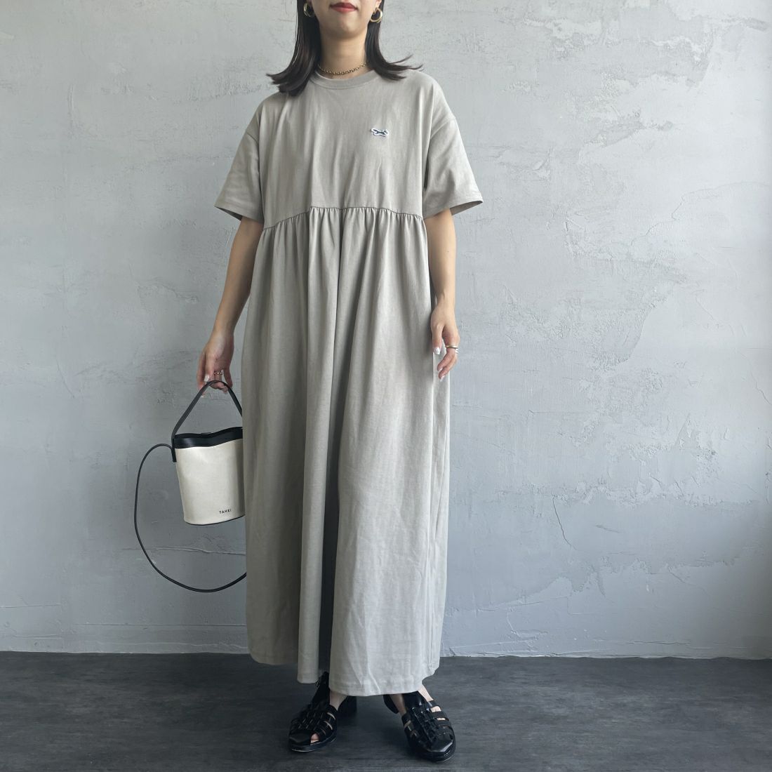 THE FOX [ザフォックス] 別注 ウエスト切り替え マキシ丈ギャザーワンピース [JF24SS-07-JF] ｸﾞﾚｰｼﾞｭ &&モデル身長：163cm 着用サイズ：M&&