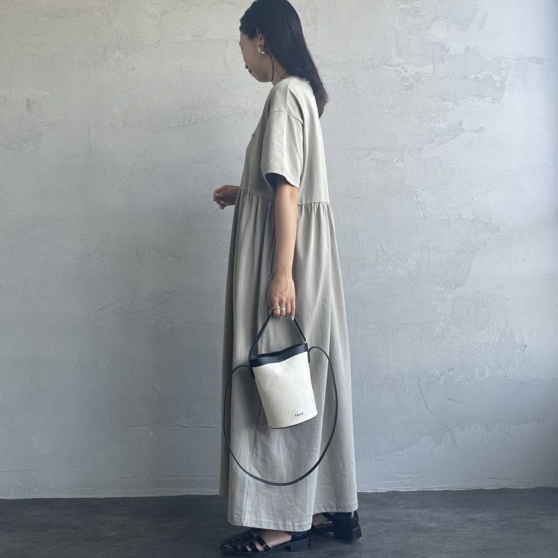 THE FOX [ザフォックス] 別注 ウエスト切り替え マキシ丈ギャザーワンピース [JF24SS-07-JF] ｸﾞﾚｰｼﾞｭ &&モデル身長：163cm 着用サイズ：M&&