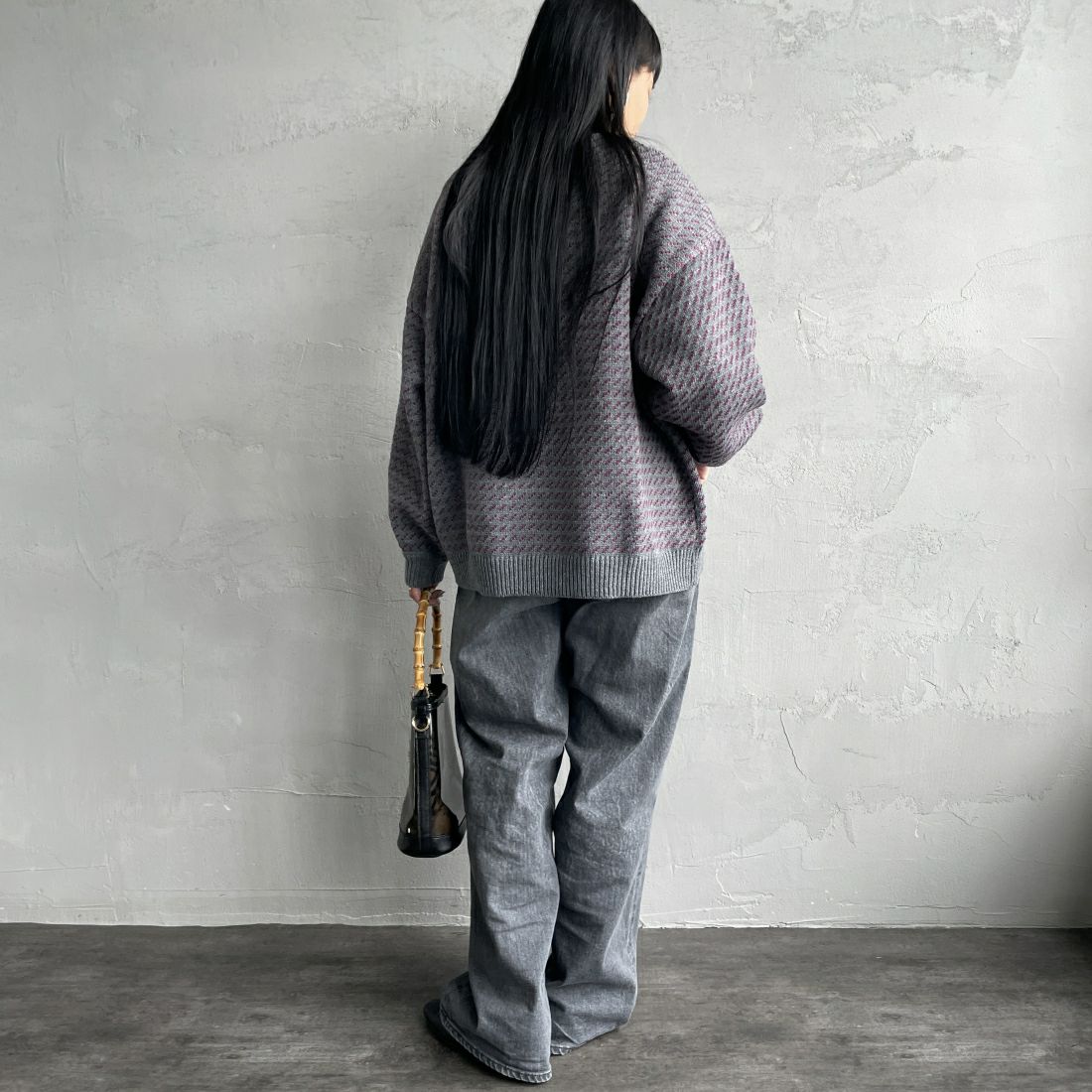 KELTY [ケルティ] 別注 クルーネック ジャガードニット [KE243W30IN02-JF] GRY/PPL &&モデル身長：156cm 着用サイズ：F&&