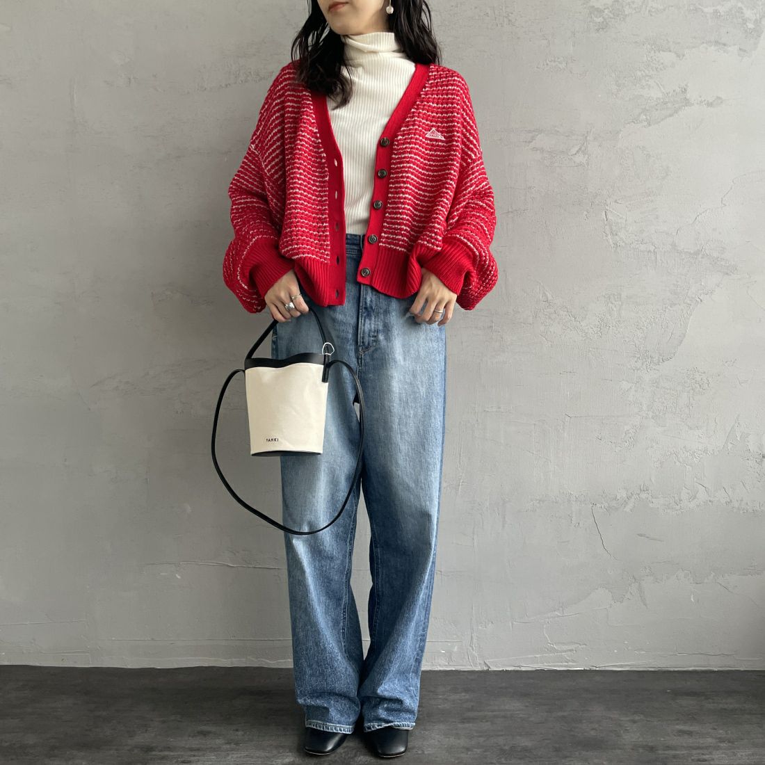 KELTY [ケルティ] 別注 ジャガードニットカーディガン [KE243W30IN01-JF] RED/BEG &&モデル身長：156cm 着用サイズ：F&&