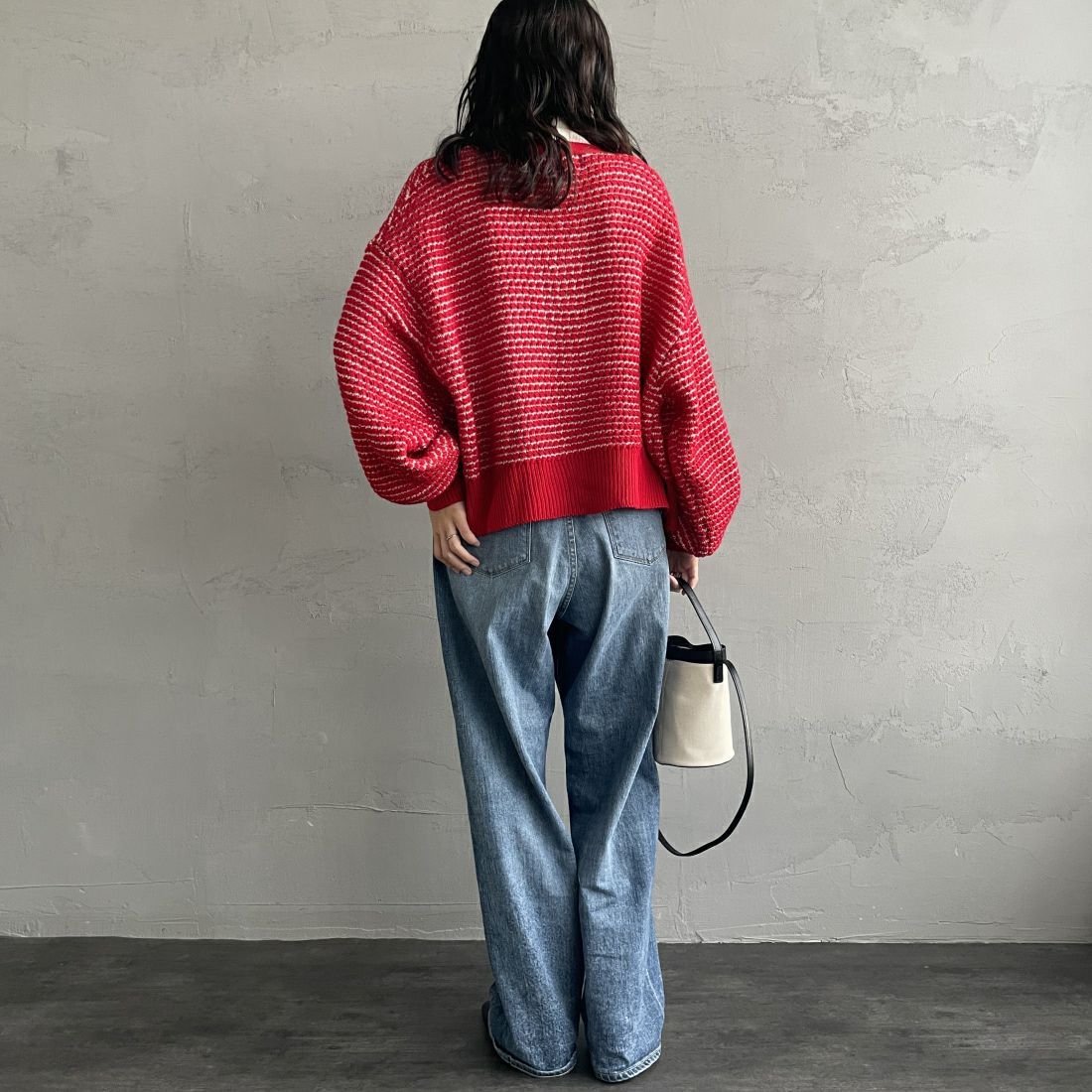 KELTY [ケルティ] 別注 ジャガードニットカーディガン [KE243W30IN01-JF] RED/BEG &&モデル身長：156cm 着用サイズ：F&&