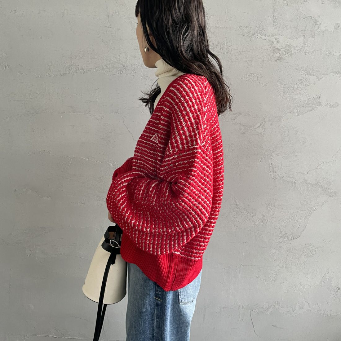 KELTY [ケルティ] 別注 ジャガードニットカーディガン [KE243W30IN01-JF] RED/BEG &&モデル身長：156cm 着用サイズ：F&&