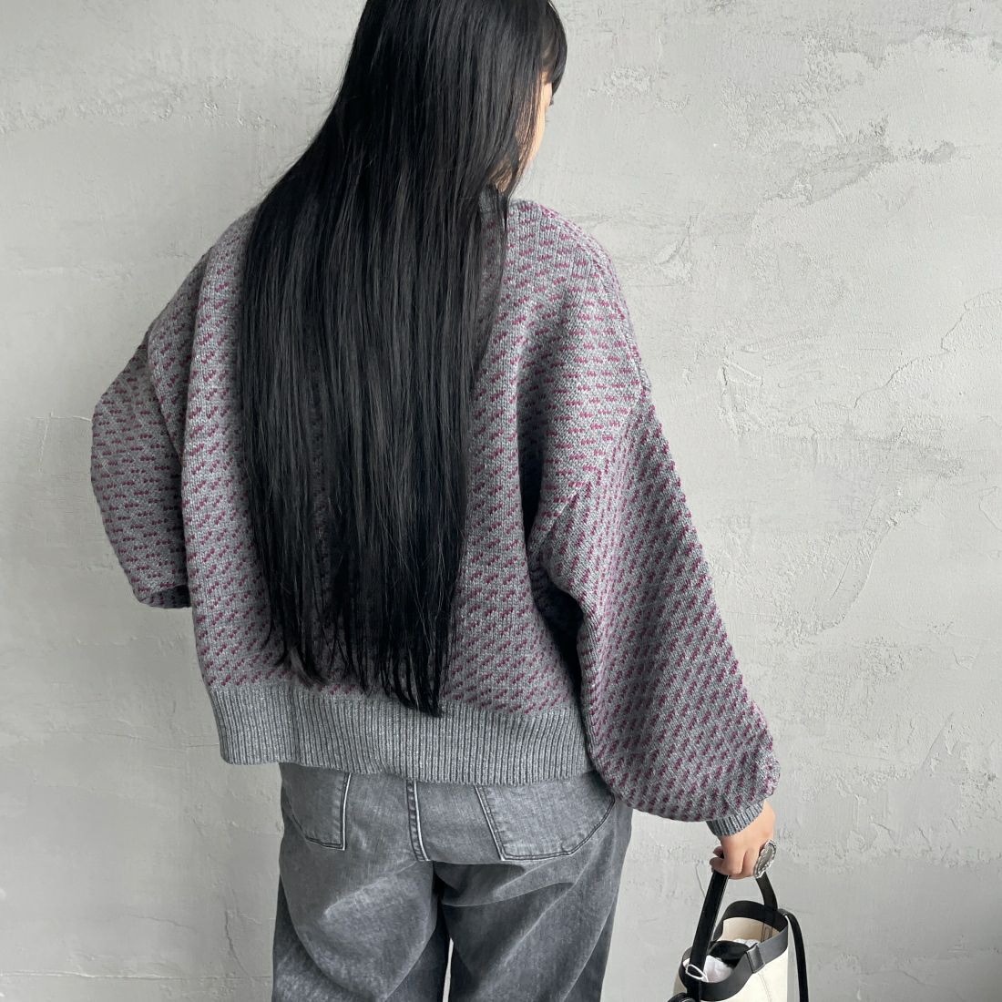 KELTY [ケルティ] 別注 ジャガードニットカーディガン [KE243W30IN01-JF] GRY/PPL &&モデル身長：156cm 着用サイズ：F&&