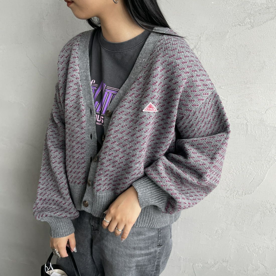 KELTY [ケルティ] 別注 ジャガードニットカーディガン [KE243W30IN01-JF] GRY/PPL &&モデル身長：156cm 着用サイズ：F&&