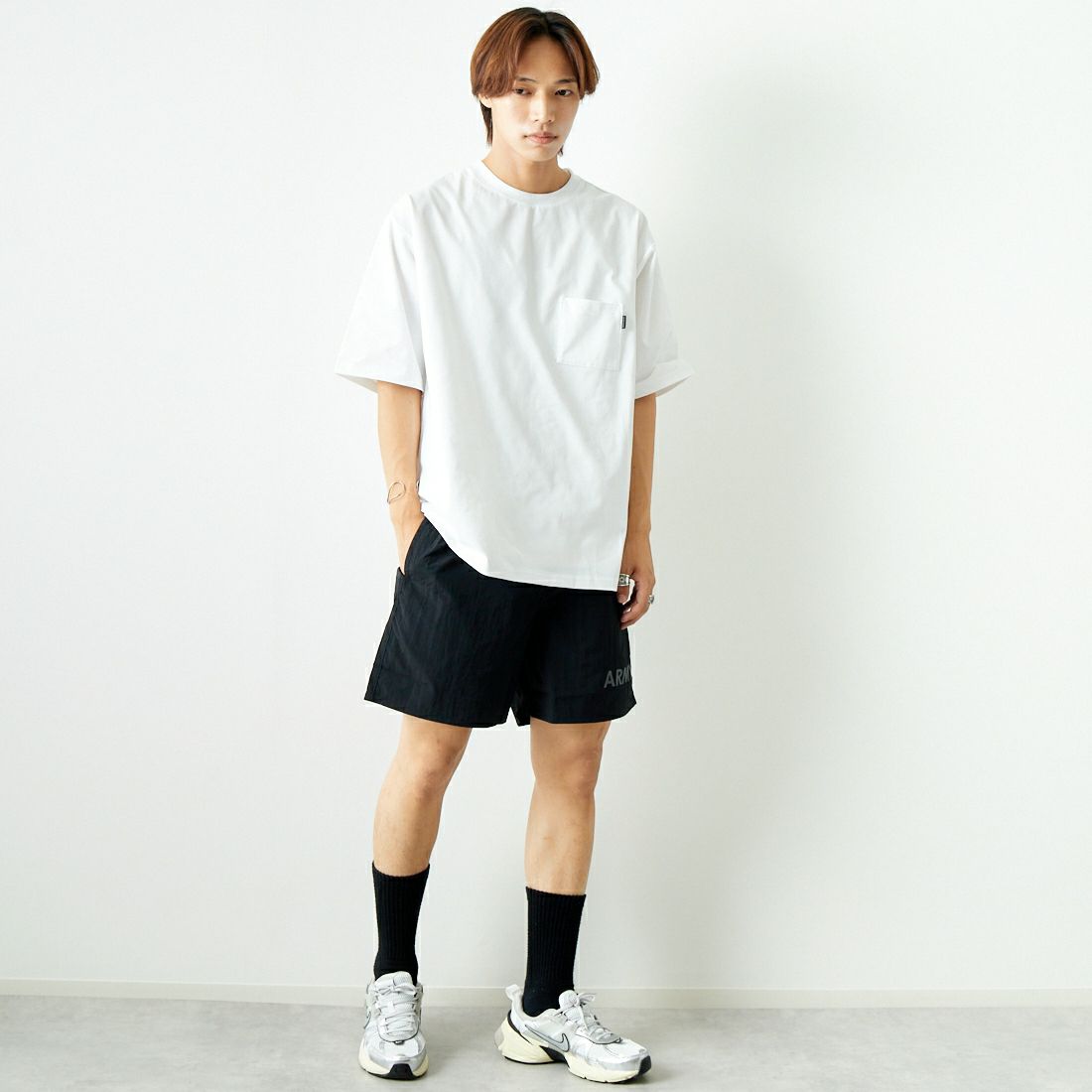 THRIFTY LOOK [スリフティールック] 別注 アーミーショーツ [NSV-505-JF] ﾌﾞﾗｯｸ &&モデル身長：179cm 着用サイズ：M&&