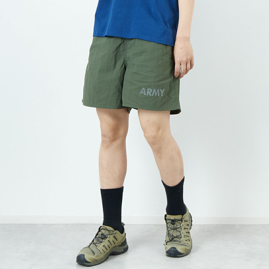 THRIFTY LOOK [スリフティールック] 別注 アーミーショーツ [NSV-505-JF] ｵﾘｰﾌﾞ &&モデル身長：179cm 着用サイズ：M&&