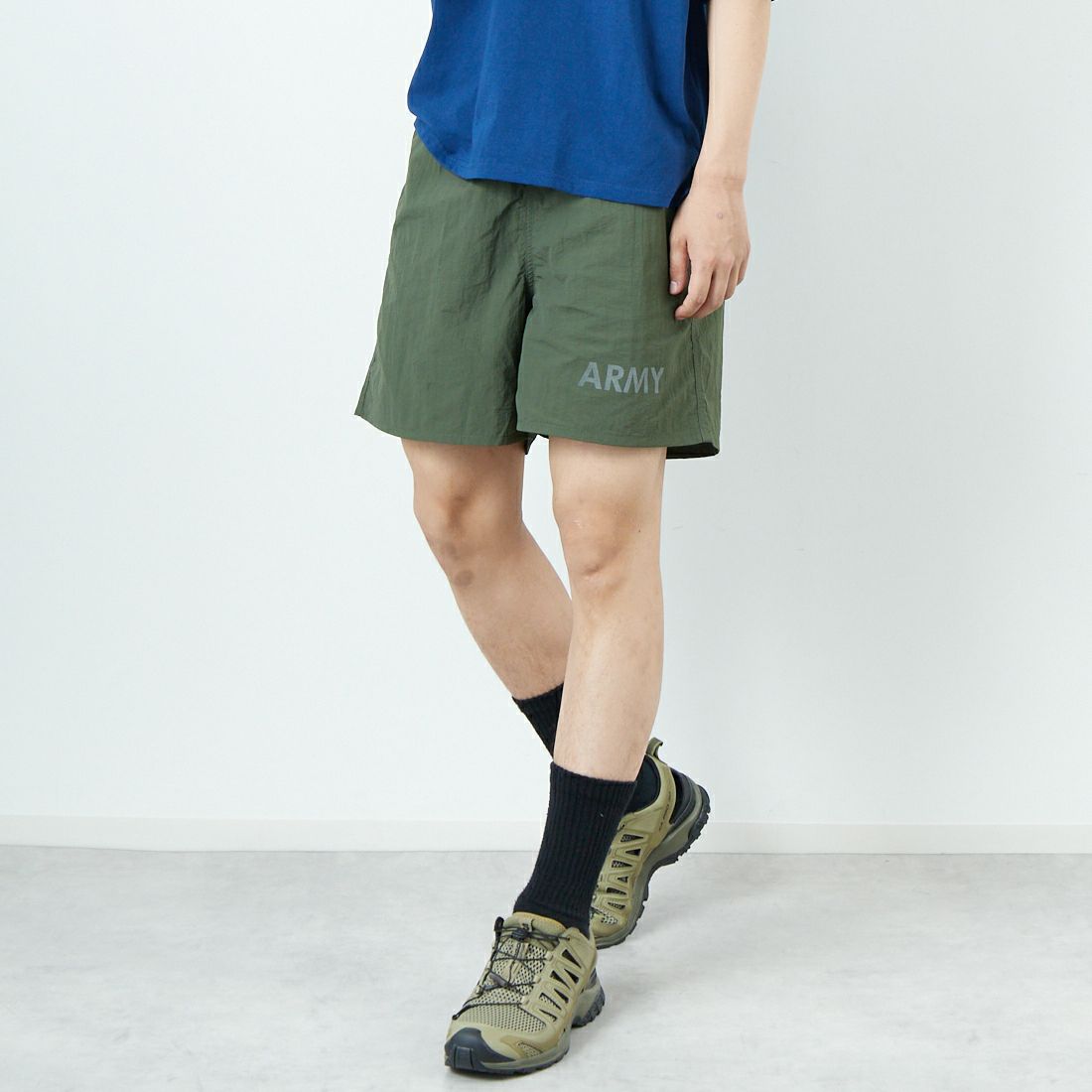 THRIFTY LOOK [スリフティールック] 別注 アーミーショーツ [NSV-505-JF] ｵﾘｰﾌﾞ &&モデル身長：179cm 着用サイズ：M&&