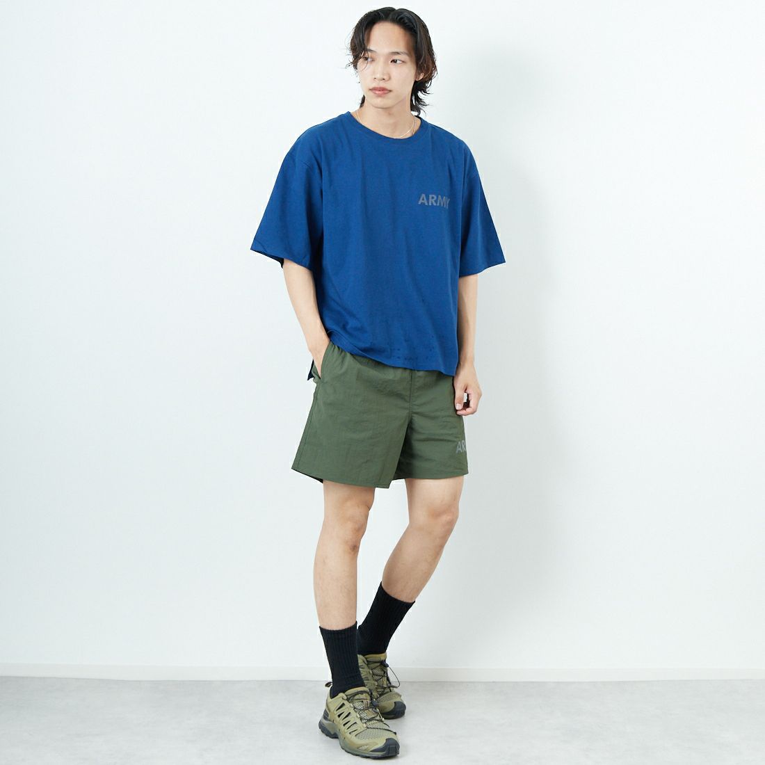 THRIFTY LOOK [スリフティールック] 別注 アーミーショーツ [NSV-505-JF] ｵﾘｰﾌﾞ &&モデル身長：179cm 着用サイズ：M&&