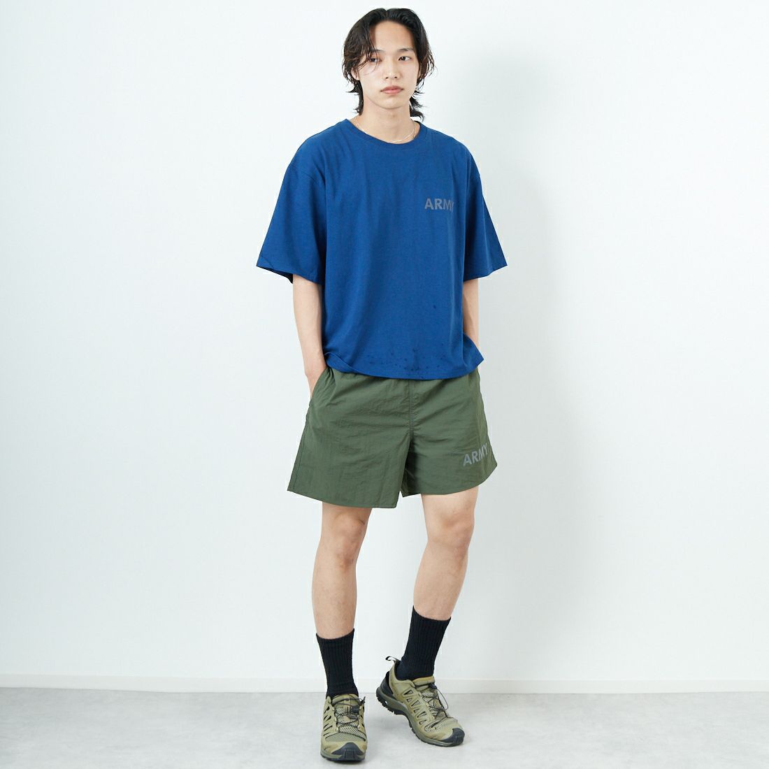 THRIFTY LOOK [スリフティールック] 別注 アーミーショーツ [NSV-505-JF] ｵﾘｰﾌﾞ &&モデル身長：179cm 着用サイズ：M&&