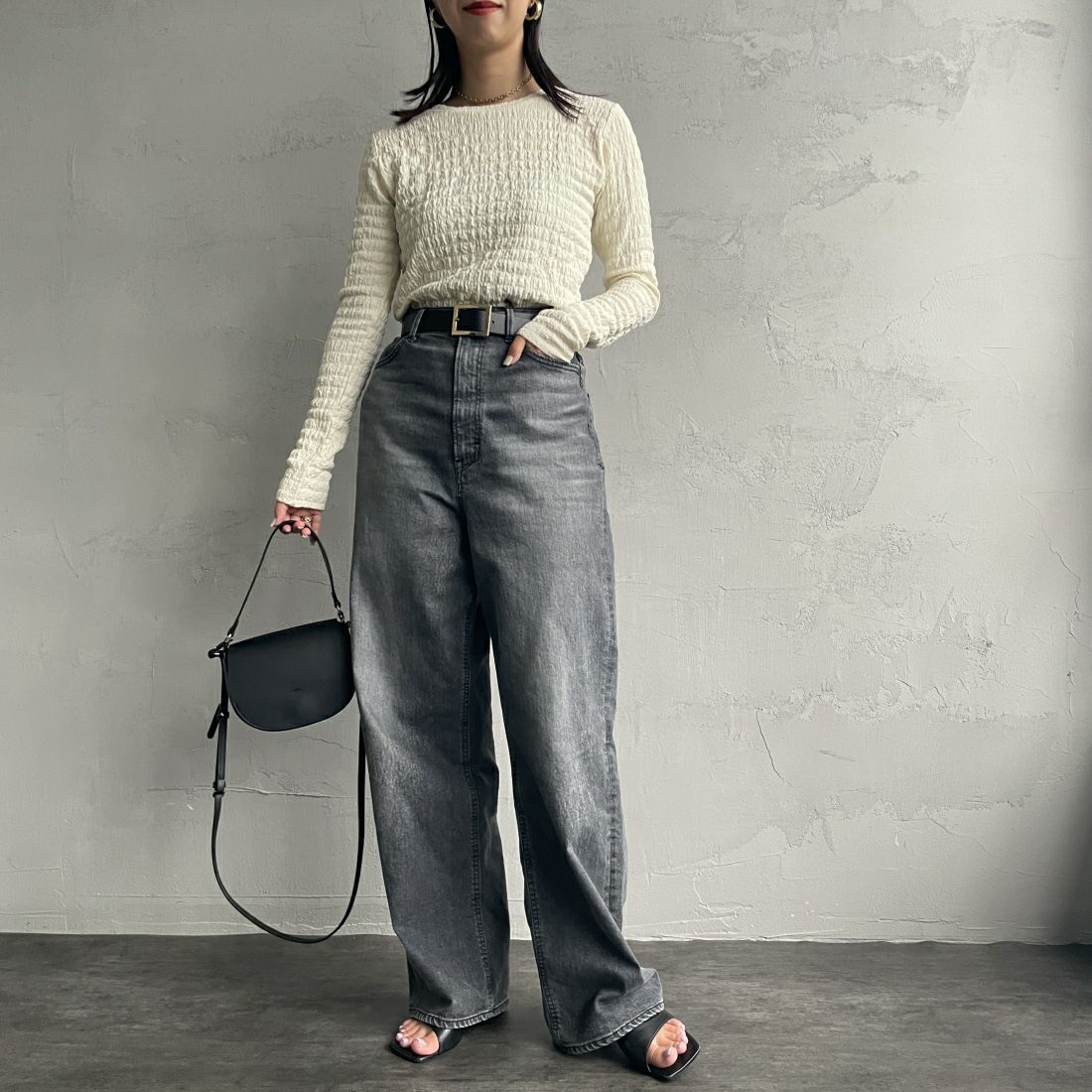 By/m [バイエム] 2WAYシャーリングカットソー [24132018] 02 OFF &&モデル身長：163cm 着用サイズ：F&&