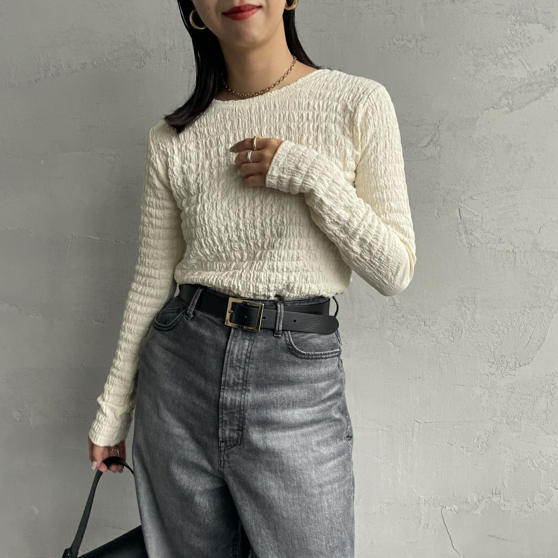 By/m [バイエム] 2WAYシャーリングカットソー [24132018] 02 OFF &&モデル身長：163cm 着用サイズ：F&&