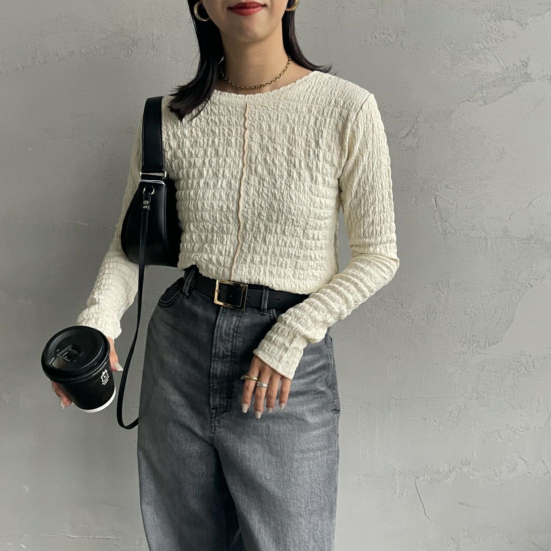 By/m [バイエム] 2WAYシャーリングカットソー [24132018] 02 OFF &&モデル身長：163cm 着用サイズ：F&&