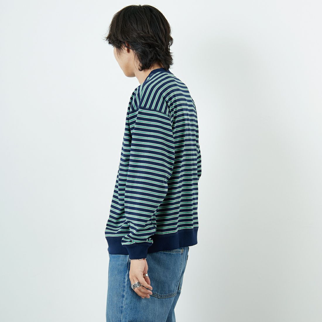 DANTON [ダントン] ストライプ スウェットTシャツ [DT-C0204TCB] GRY/WHT ML &&モデル身長：179cm 着用サイズ：L&&