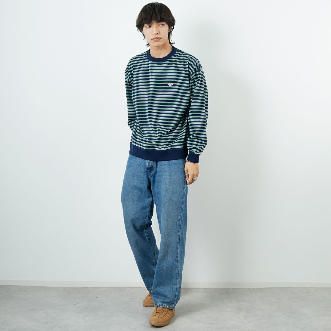 DANTON [ダントン] ストライプ スウェットTシャツ [DT-C0204TCB] GRY/WHT ML &&モデル身長：179cm 着用サイズ：L&&