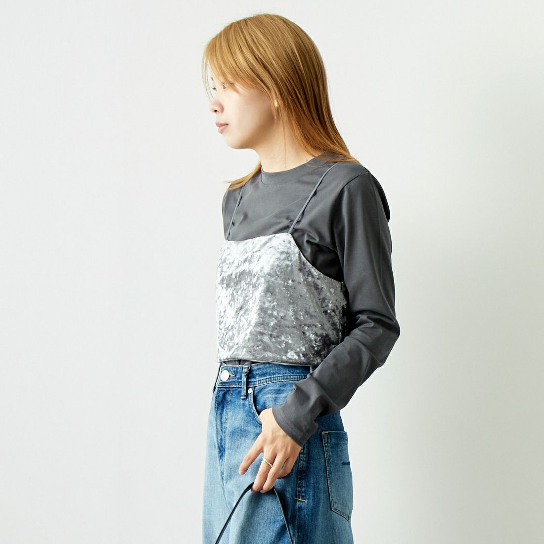 CLOCHE [クロシェ] ベロアビスチェ×カットソー [45285605] ﾁｬｺｰﾙ &&モデル身長：167cm 着用サイズ：2&&